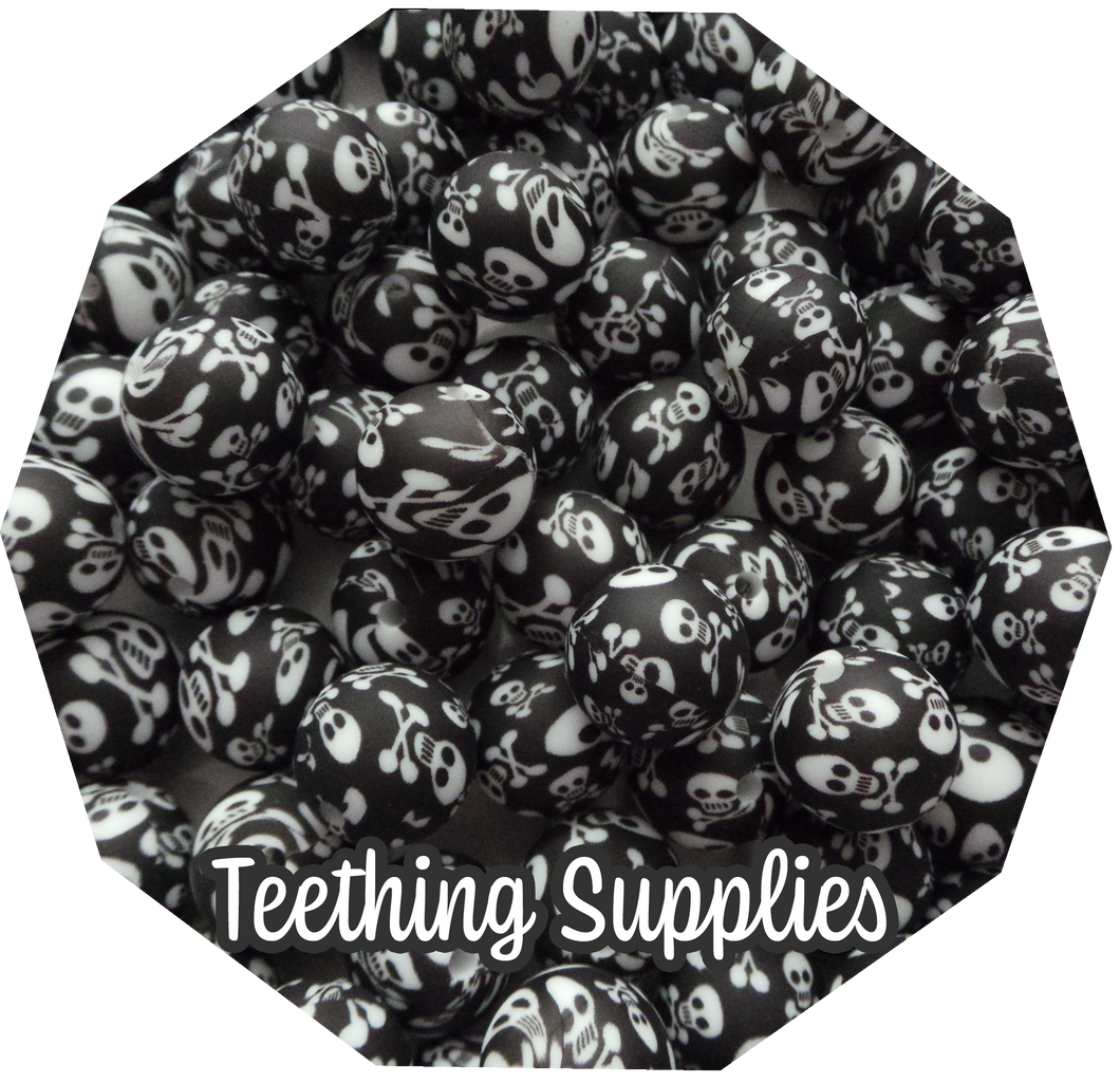 15mm Skull Print Silicone Beads (Pack of 5) Teething Supplies